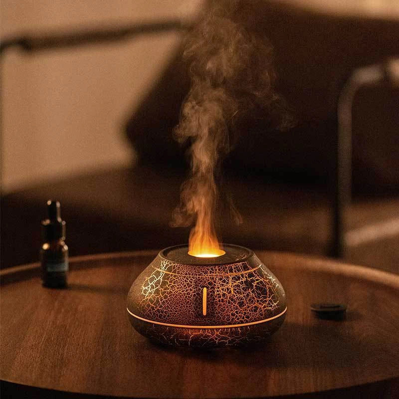 Soothing aroma diffuser with realistic flame effect, customizable essential oils, and automatic shut-off for a relaxing ambiance.