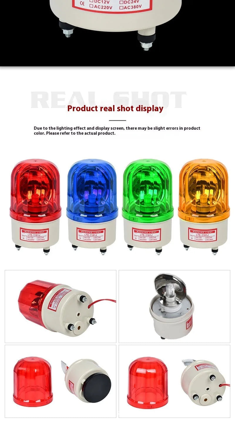 LTE-1101J industrial rotating strobe warning light with sound alarm, shown with red lens.