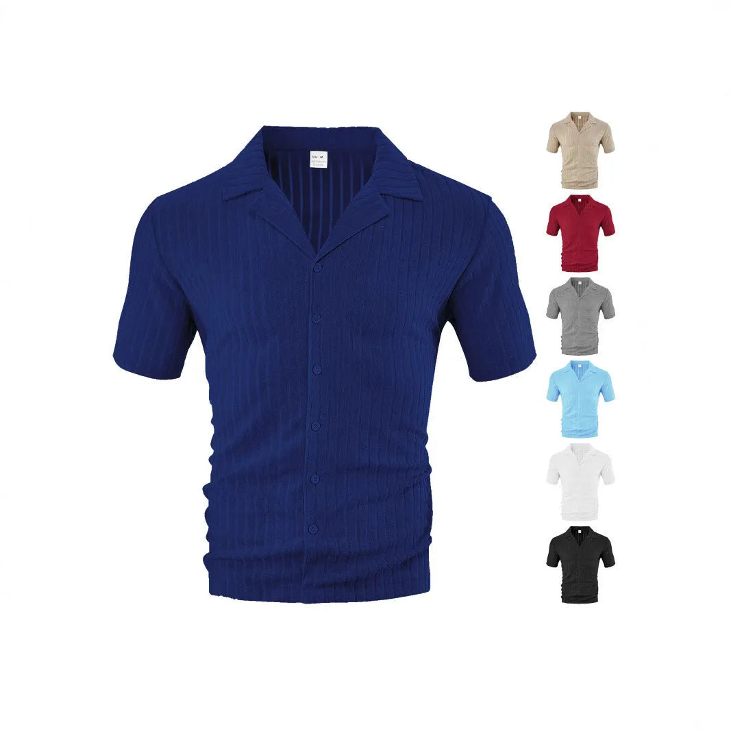 Men's loose casual short sleeve lapel cardigan in polyester, front view