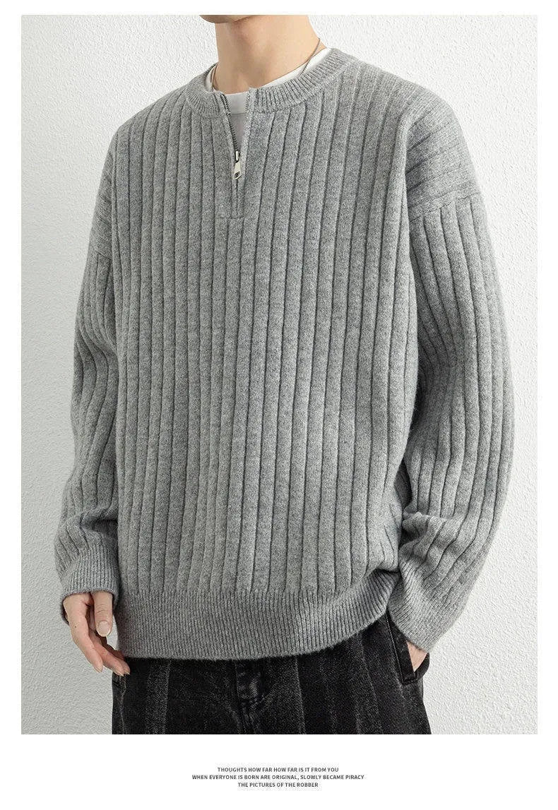 Men's grey half-zip textured sweater with loose fit and long sleeves