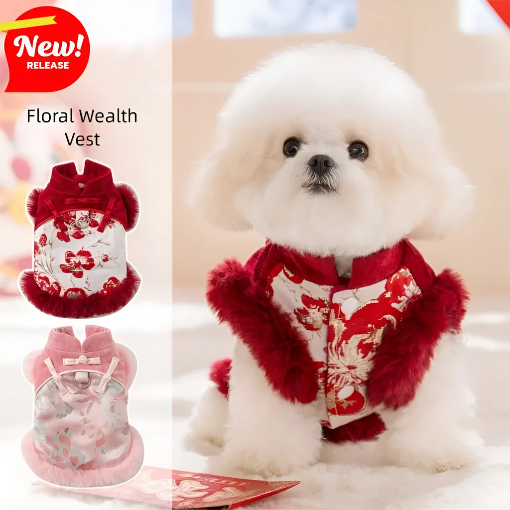 Chinese-style pet Tang Suit jacket in red with stand-up collar and fluffy trim on small dog