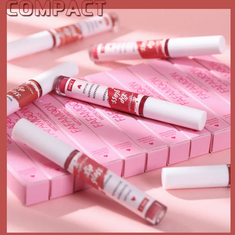 Matte velvet lip gloss tube in 2.5ml with long-lasting non-fading waterproof formula, available in 12 colours