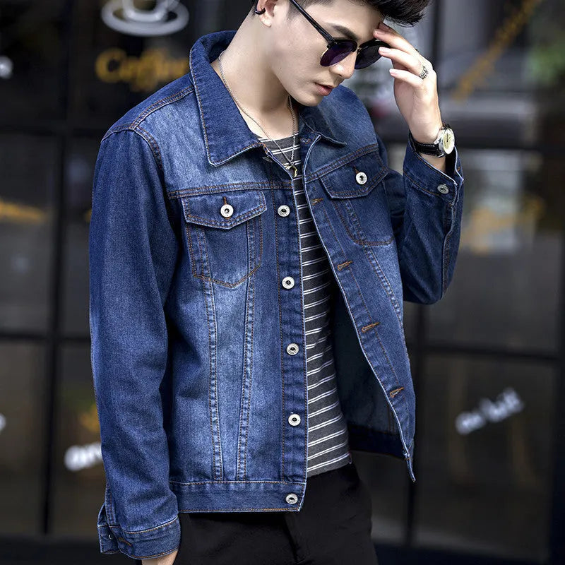 Korean style slim denim jacket with lapel collar, embroidery, and long sleeves in dark blue