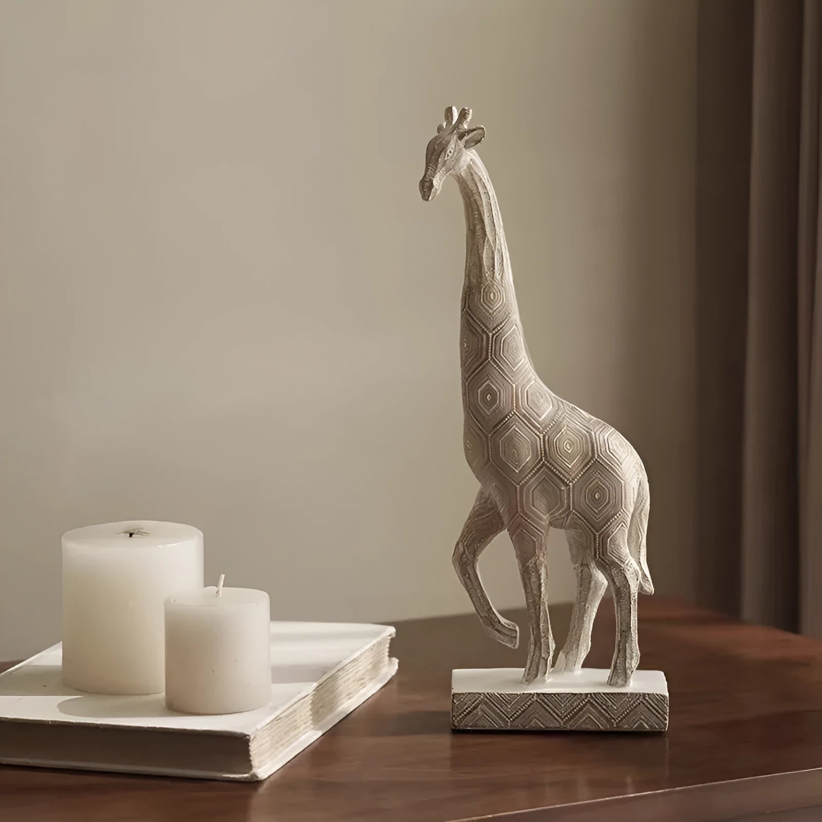 Wood colour European style synthetic resin giraffe ornament measuring 30.5cm tall.