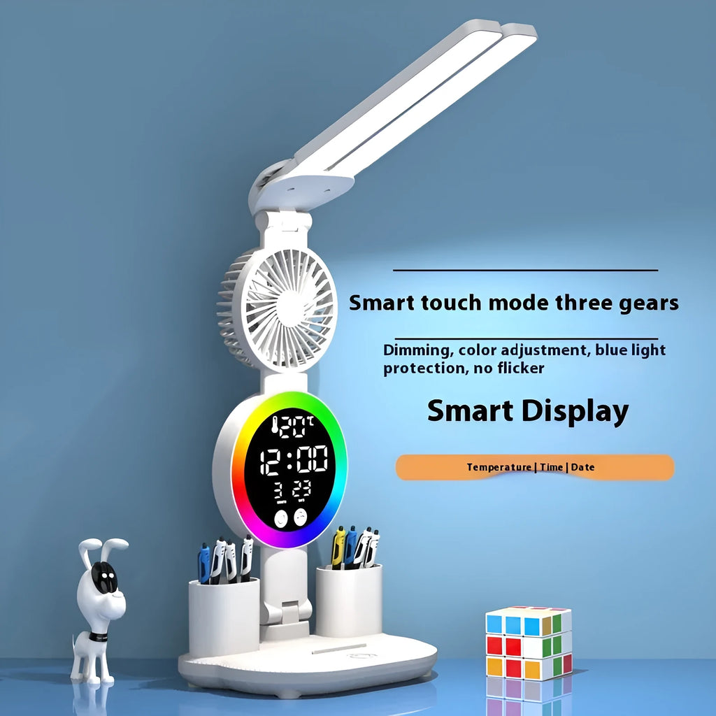 LED student rechargeable desk lamp with clock display, USB cable, and modern white finish on a desk.
