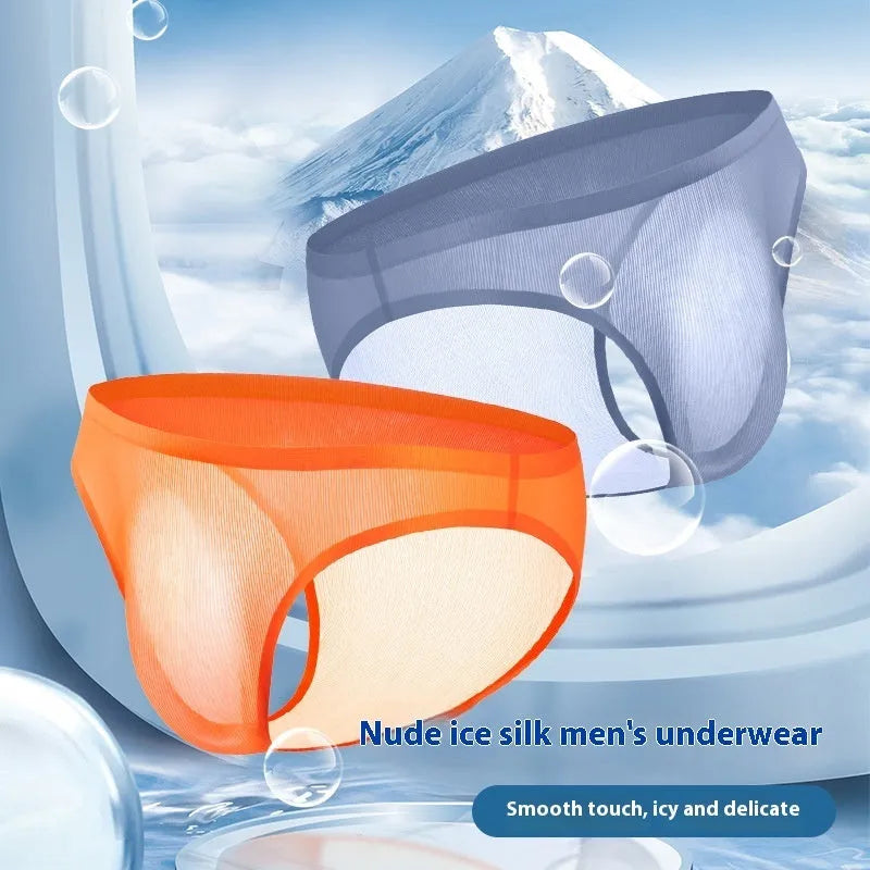 Men's seamless ice silk underwear briefs in stripe patterns showing ultra-thin translucent fabric