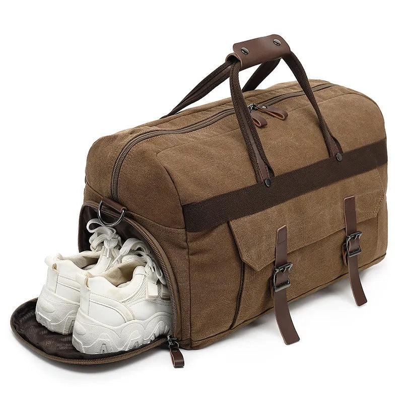 Large capacity canvas crossbody travel bag in retro style with sewing line detailing