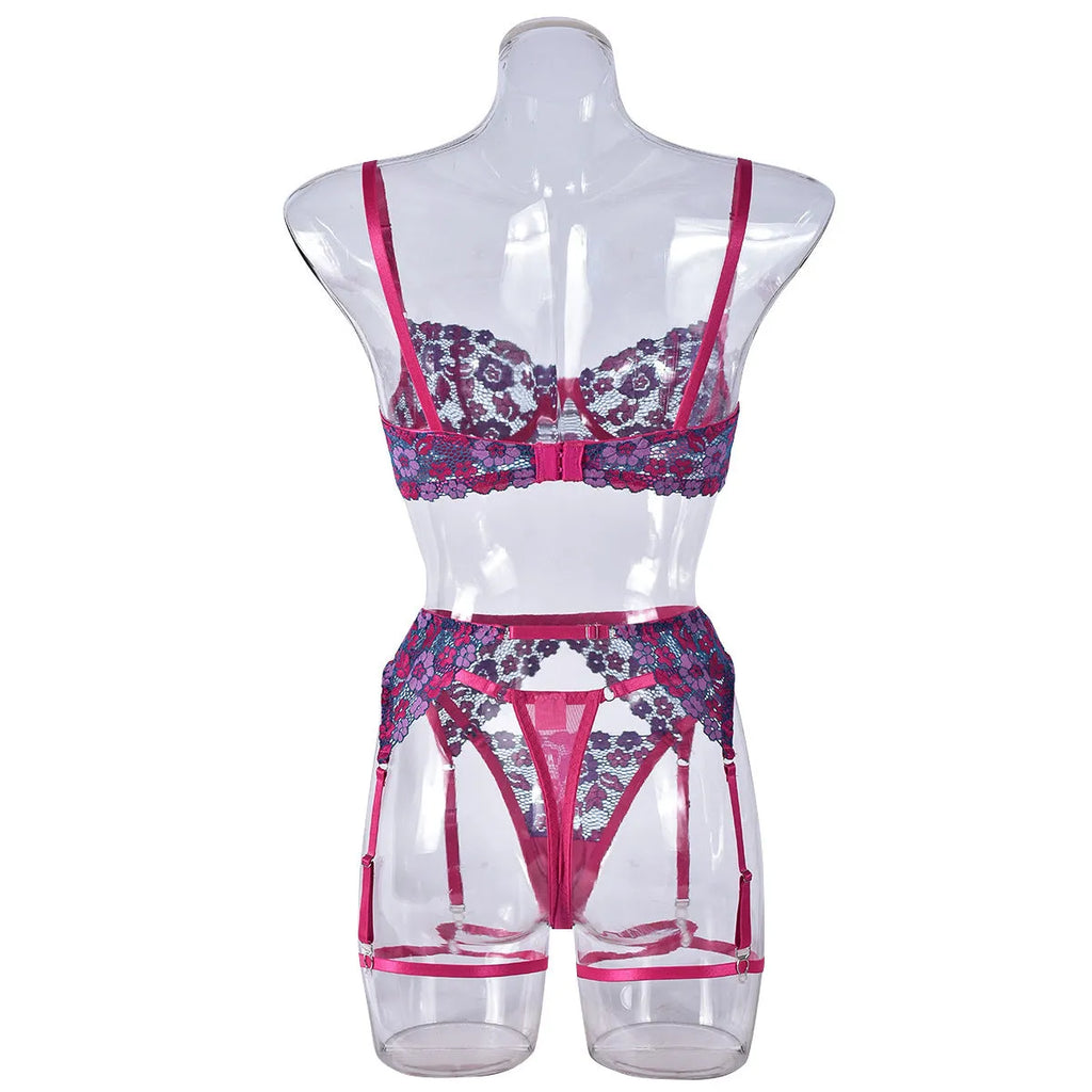 Rose red women's two-piece bikini set with contrast colour panels and fashion embroidery detail.