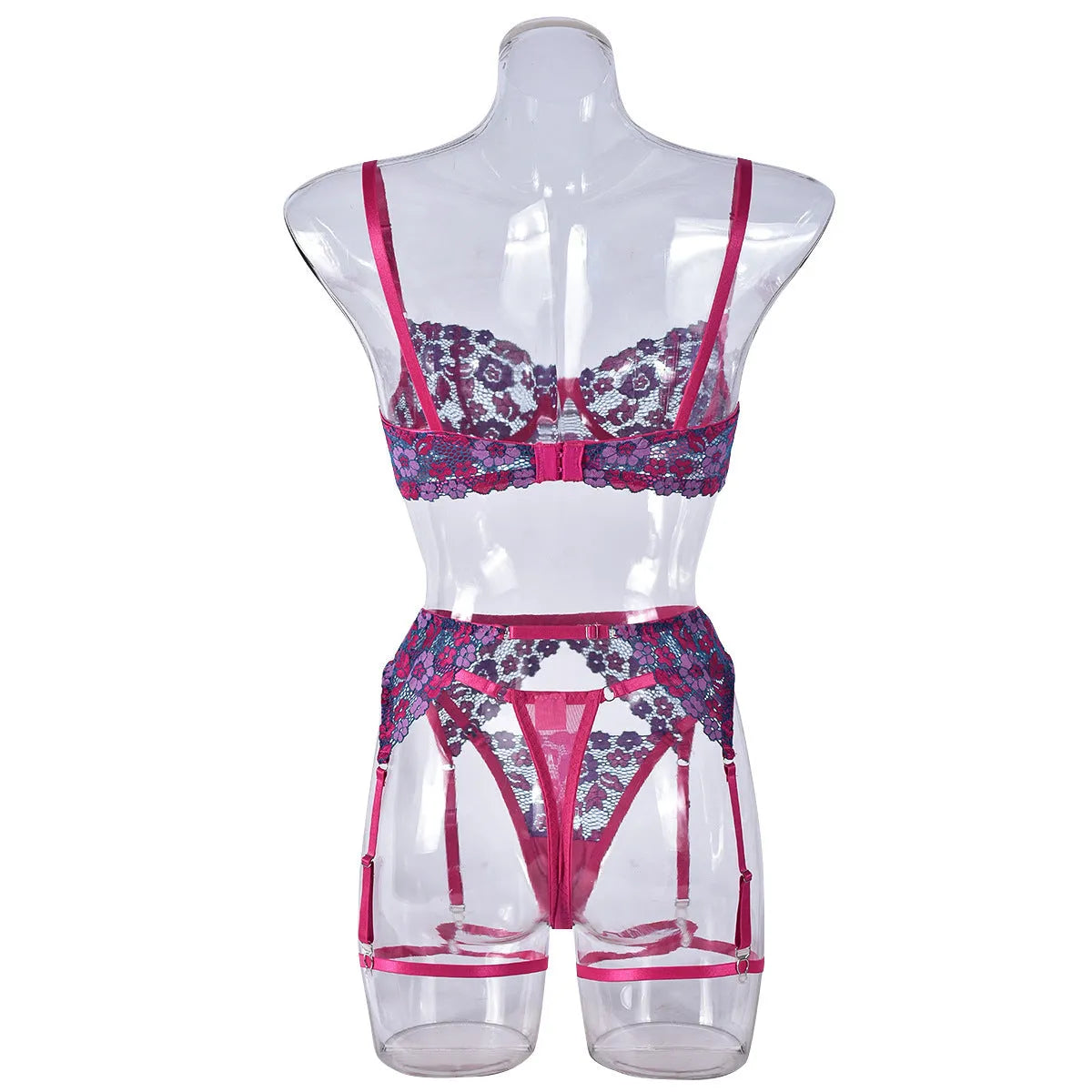 Rose red women's two-piece bikini set with contrast colour panels and fashion embroidery detail.