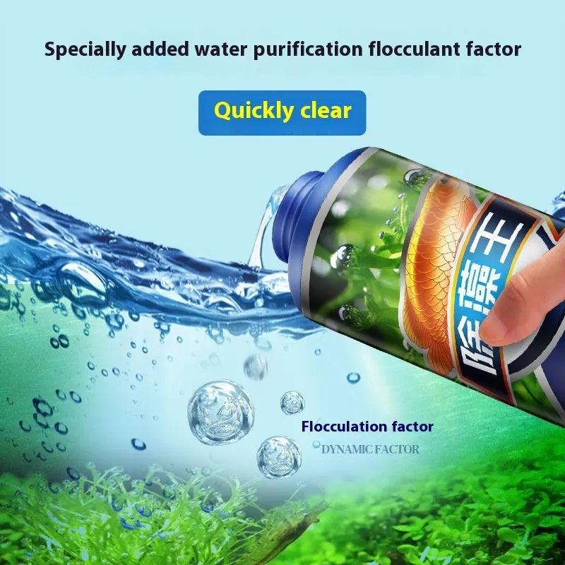 Bottle of concentrated fish tank and pond algaecide for green algae removal.