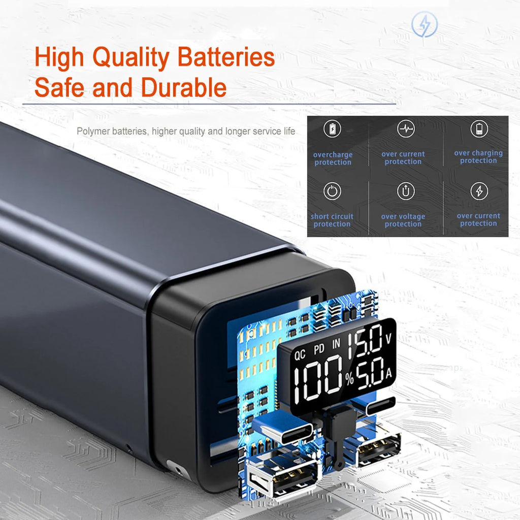 65W metal laptop power bank in black, blue, or grey colours showing size next to a laptop.