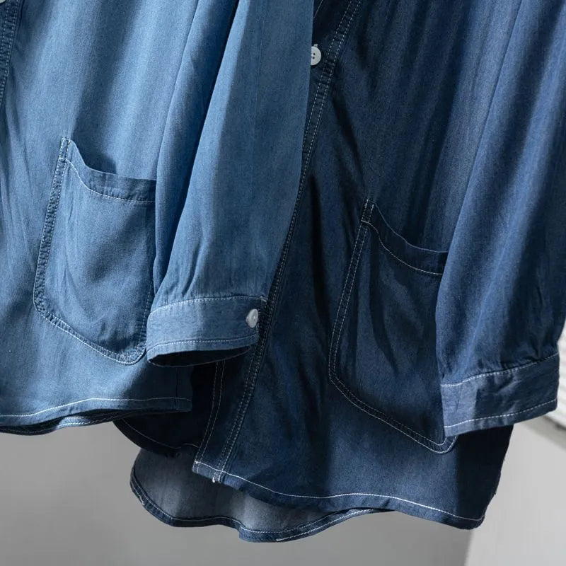Men's dark blue denim coat with three-quarter sleeves and V-neck collar