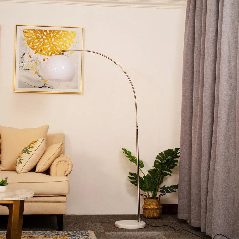 Modern minimalist fishing floor lamp with marble base, stainless steel pole, acrylic shade, 180-185cm height, white or orange shade.