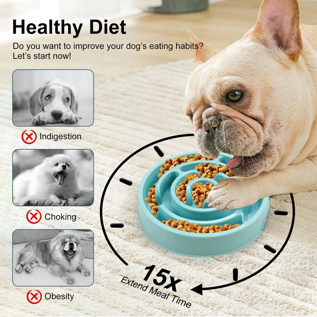Blue silicone slow feeder dog bowl with raised labyrinth pattern design for large breeds