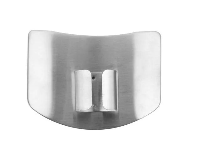 Stainless steel finger guard for cutting vegetables, shown in single and double finger sizes.
