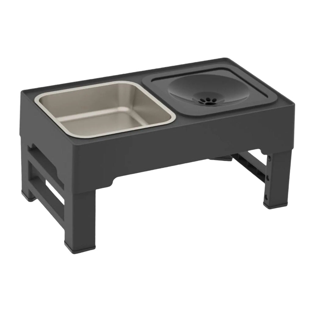 Adjustable elevated dog feeding stand with slow feeder bowl and water bowl on anti-skid legs.