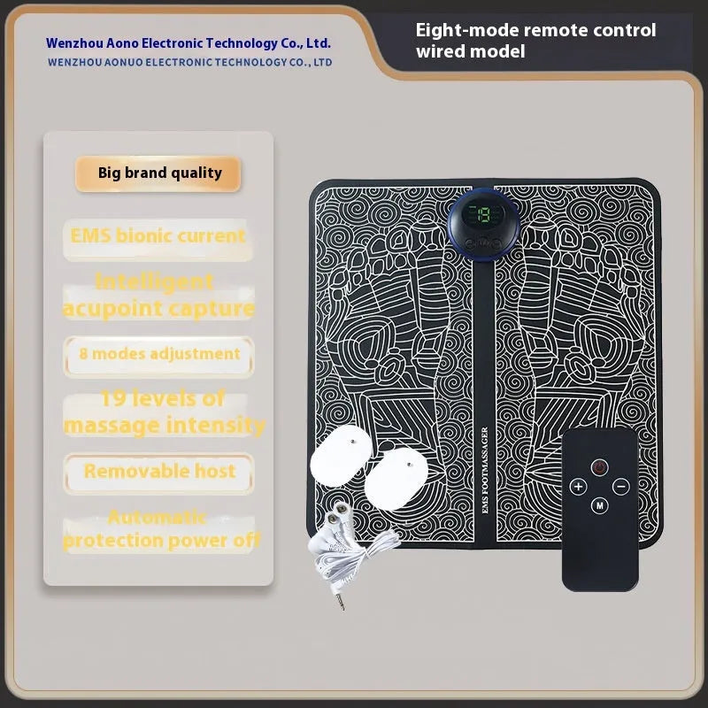 Blue rechargeable reflexology foot massager mat with remote control on a wooden floor