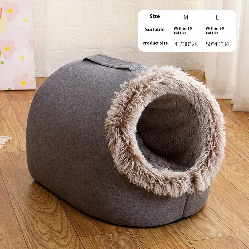 Grey fleece-lined cat nest sleeping bag with closed design for winter pet comfort