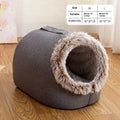 Grey fleece-lined cat nest sleeping bag with closed design for winter pet comfort