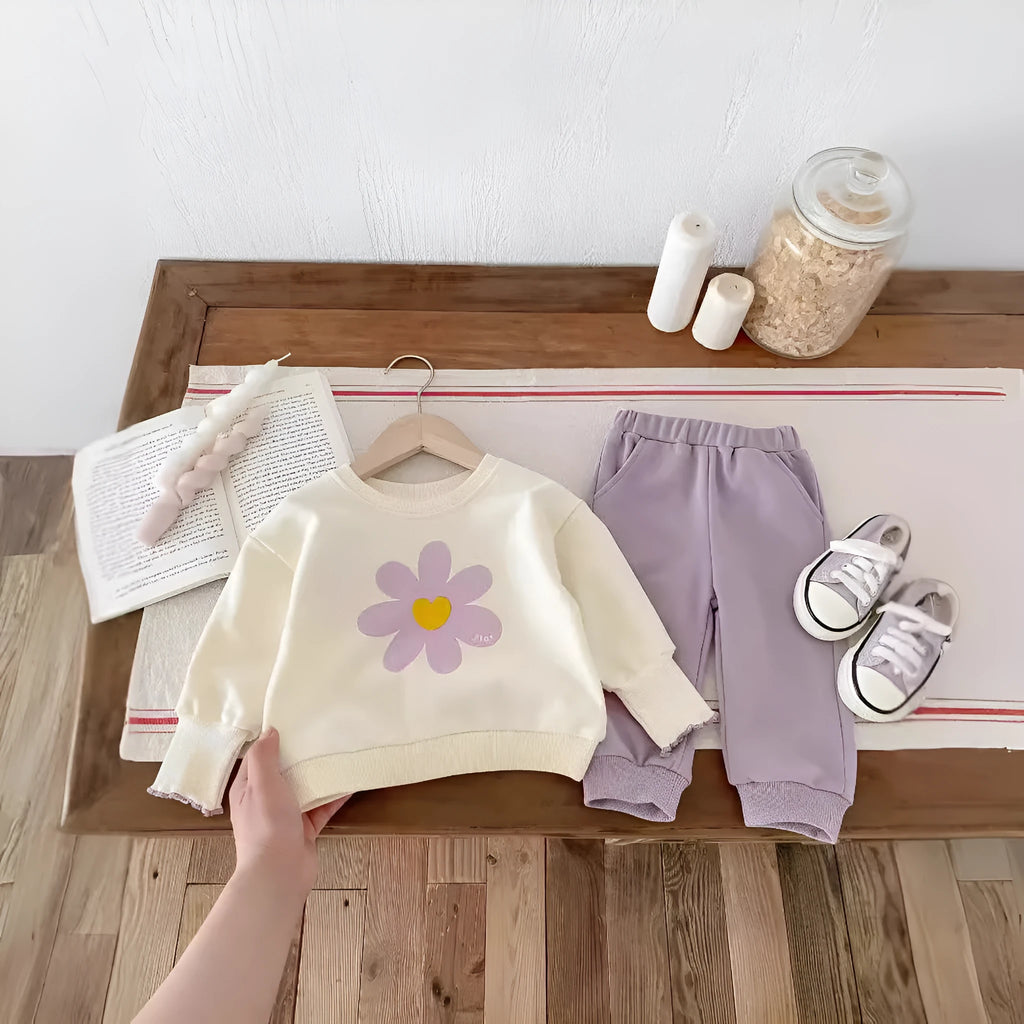 Purple baby girl two-piece set with flower sweatshirt and sweatpants in cotton, sizes 73cm to 110cm
