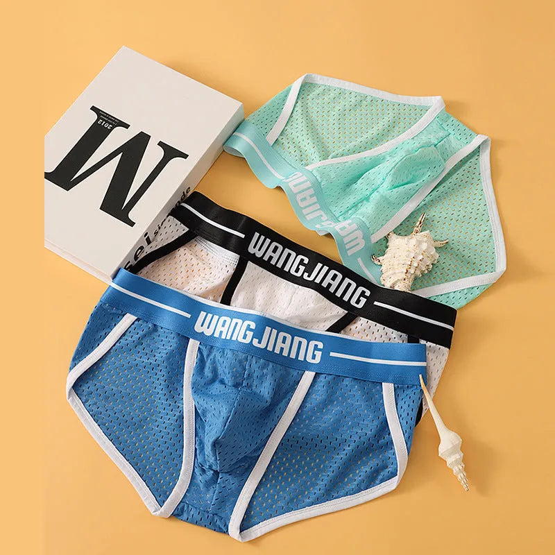 Men's black Ice Silk triangle briefs with mesh breathable fabric on a solid background.