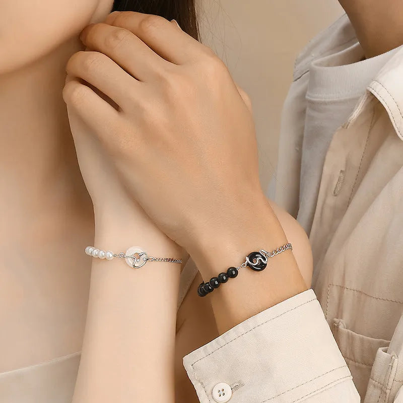 New Chinese style 925 sterling silver couple's bracelet with obsidian pearl, zodiac design, and safe buckle.