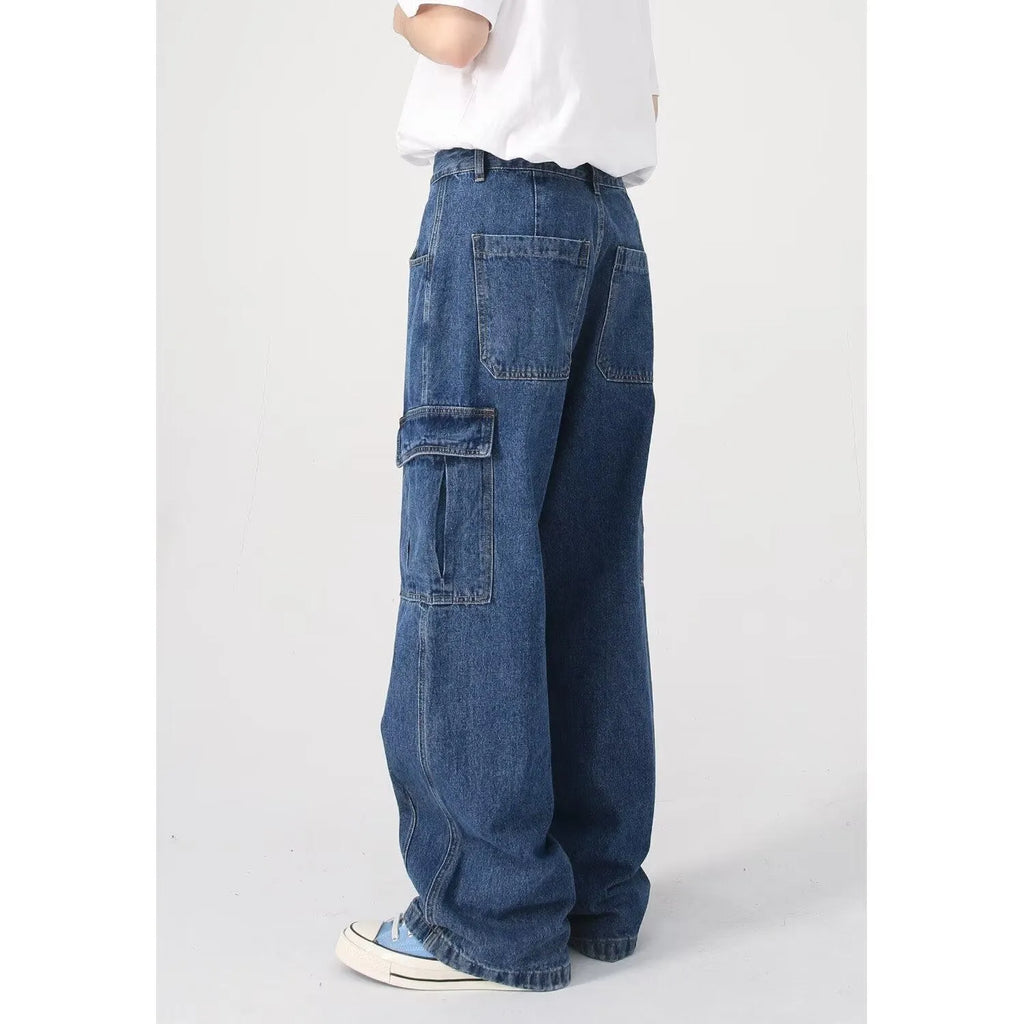 Loose straight-leg workwear jeans in non-stretch cotton denim, blue or black, sizes S to 3XL.