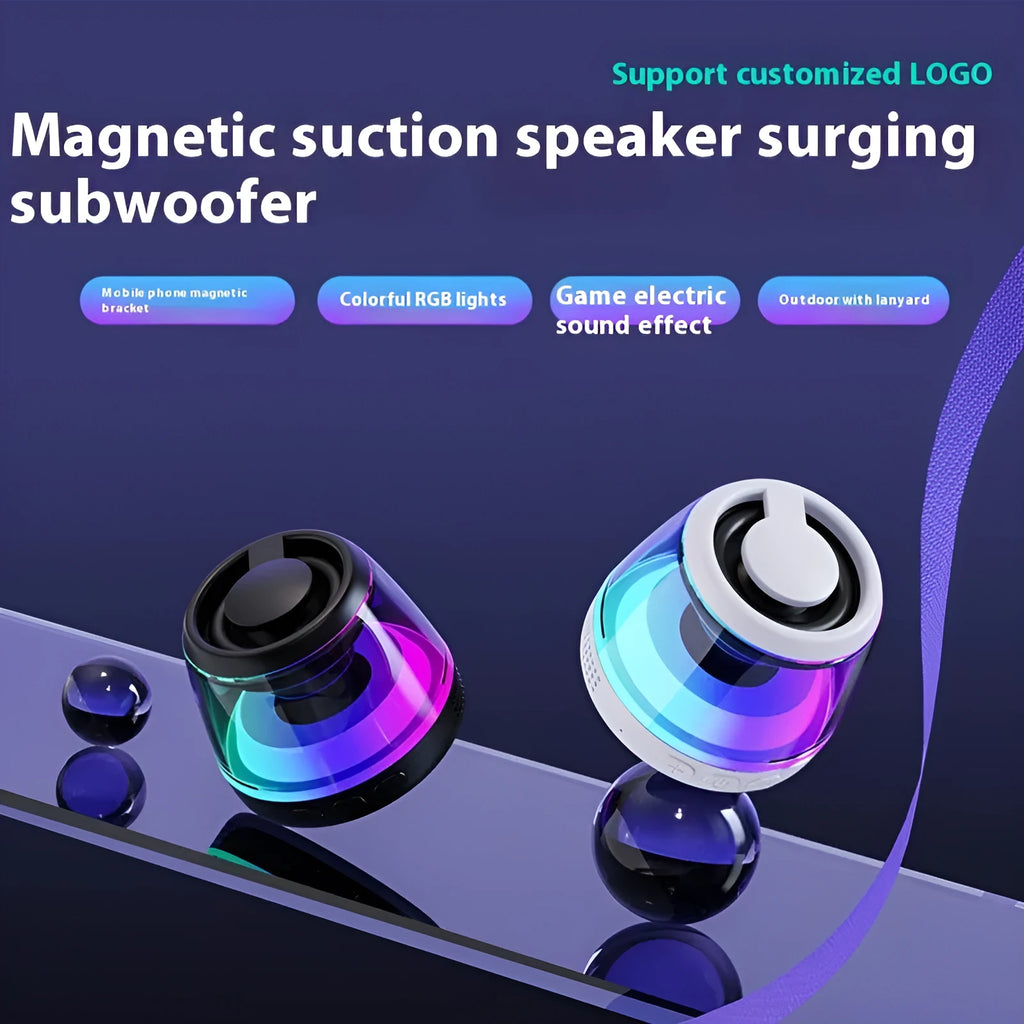Portable white or black Bluetooth speaker with ambient lighting effects and magnetic mounting