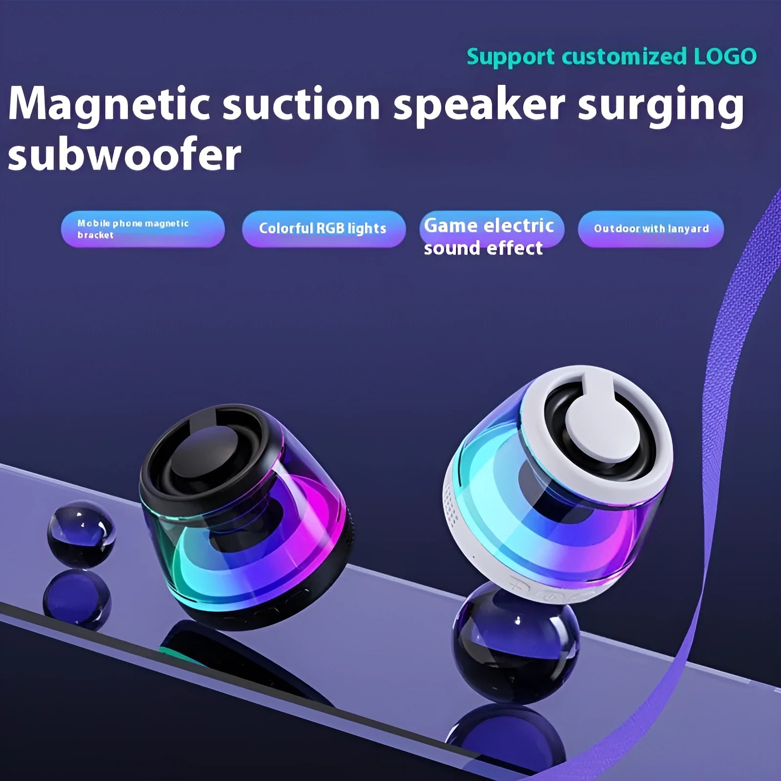 Portable white or black Bluetooth speaker with ambient lighting effects and magnetic mounting