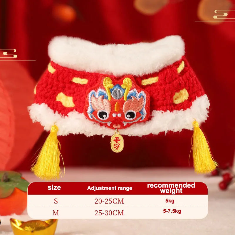 Red New Year pet scarf collar for cats and dogs in Lion Dance Blessing, Nian Beast, Peace and joy, and Red lion styles, sizes S and M.