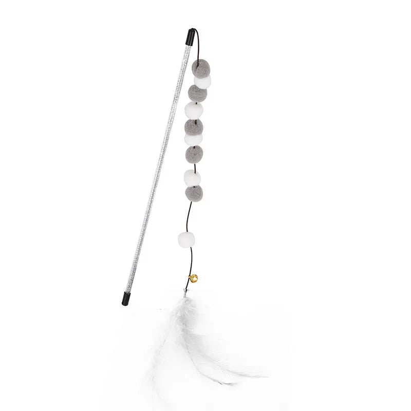 31cm long cat teaser rod with coloured acrylic pompons, feathers and bell attachment