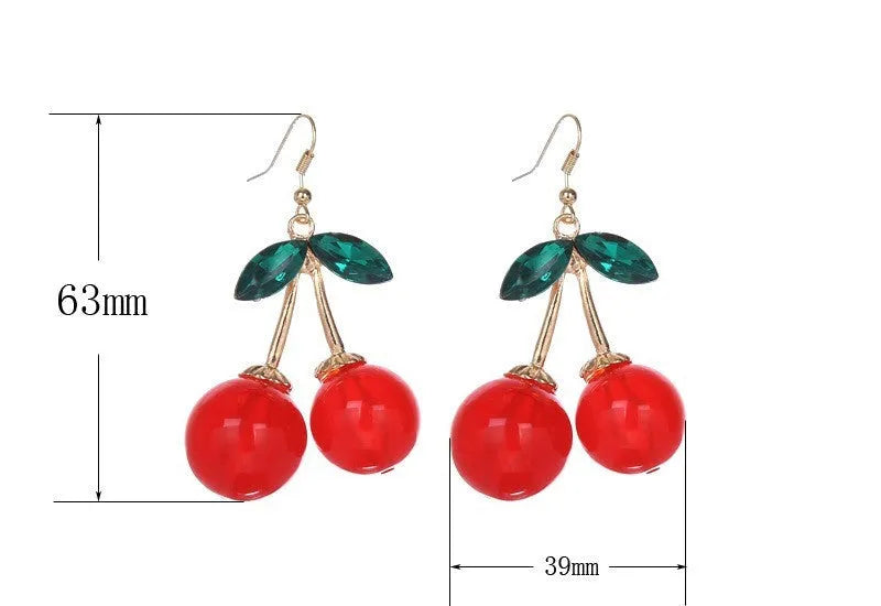 Red plastic cherry earrings with drip oil finish, large size for women