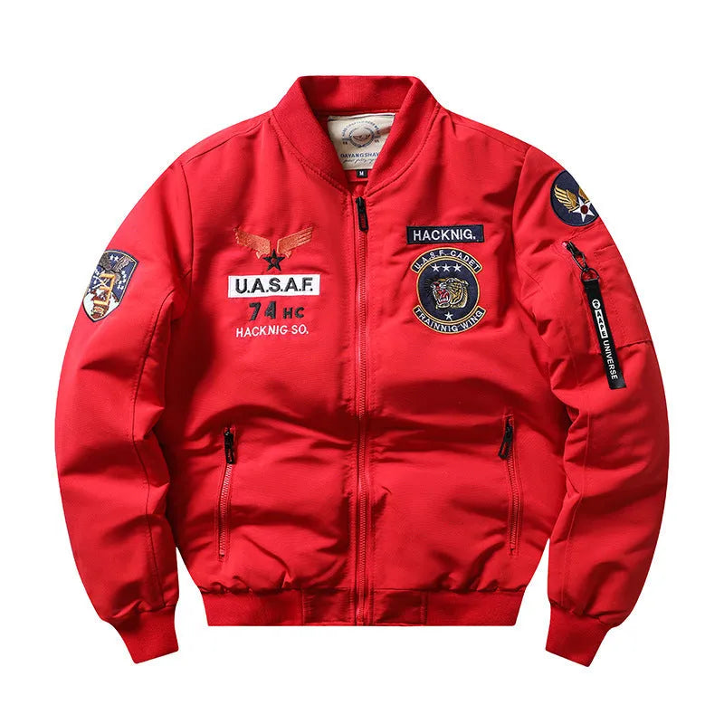 Men's slim-fit black retro motorcycle coat with stand collar and patch pockets on a mannequin.