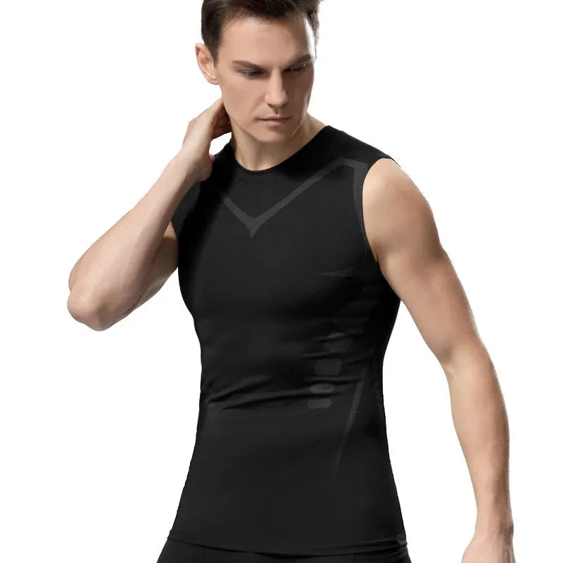Men's grey quick-dry stretch polyester vest on model for fitness and running workout