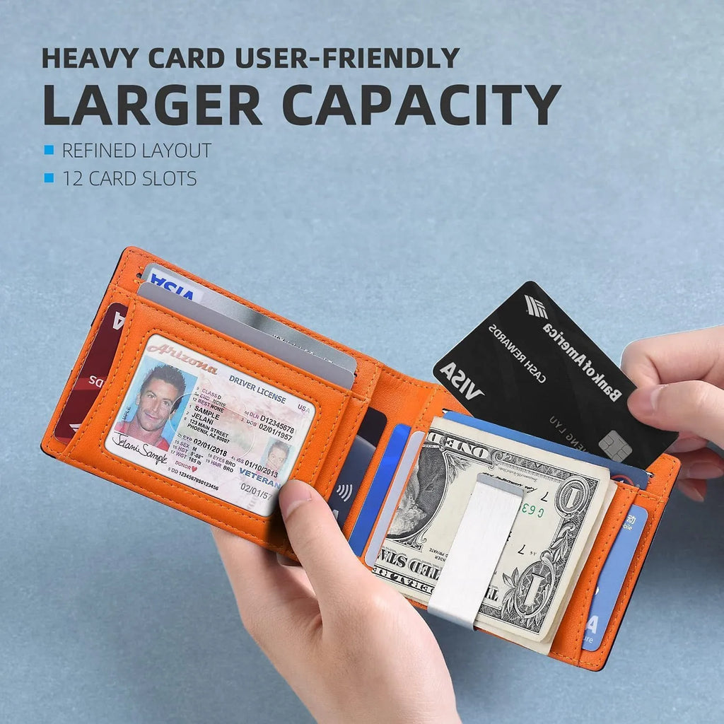 PU leather wallet card holder with multiple slots and anti-theft design in carbon fibre black colour