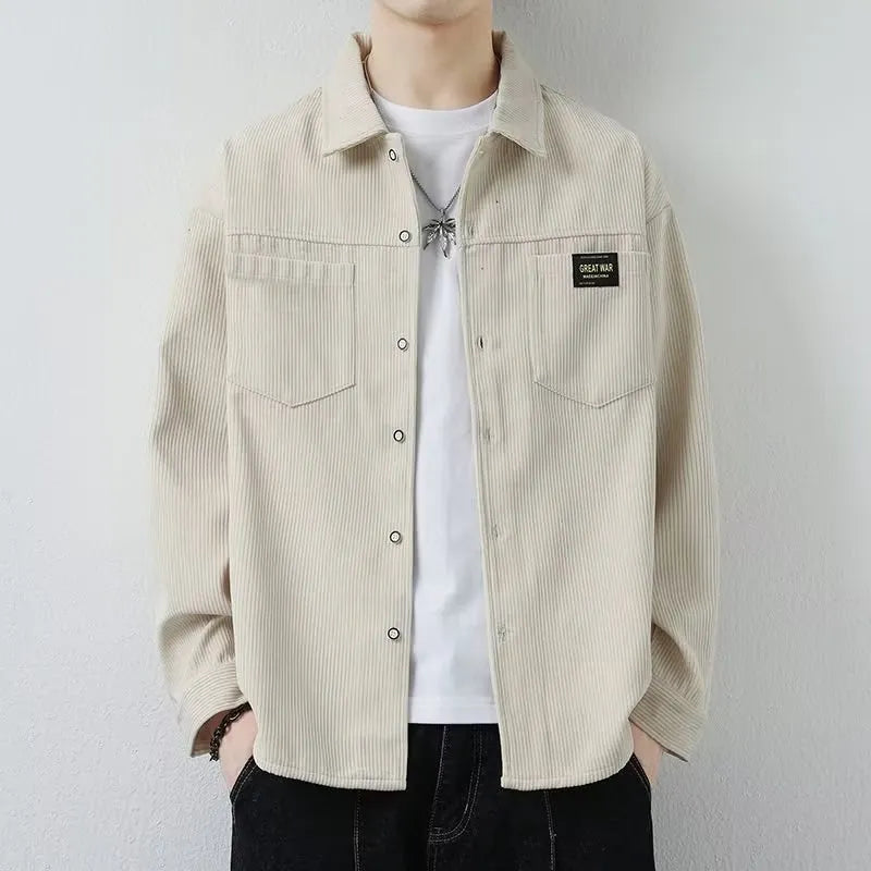 Men's long sleeve corduroy cardigan jacket in black, shown as a casual layering piece.