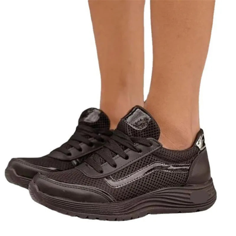 Lace-up sports style low-top shoes for women, rubber sole, mesh lining, mid-top, available in white black pink