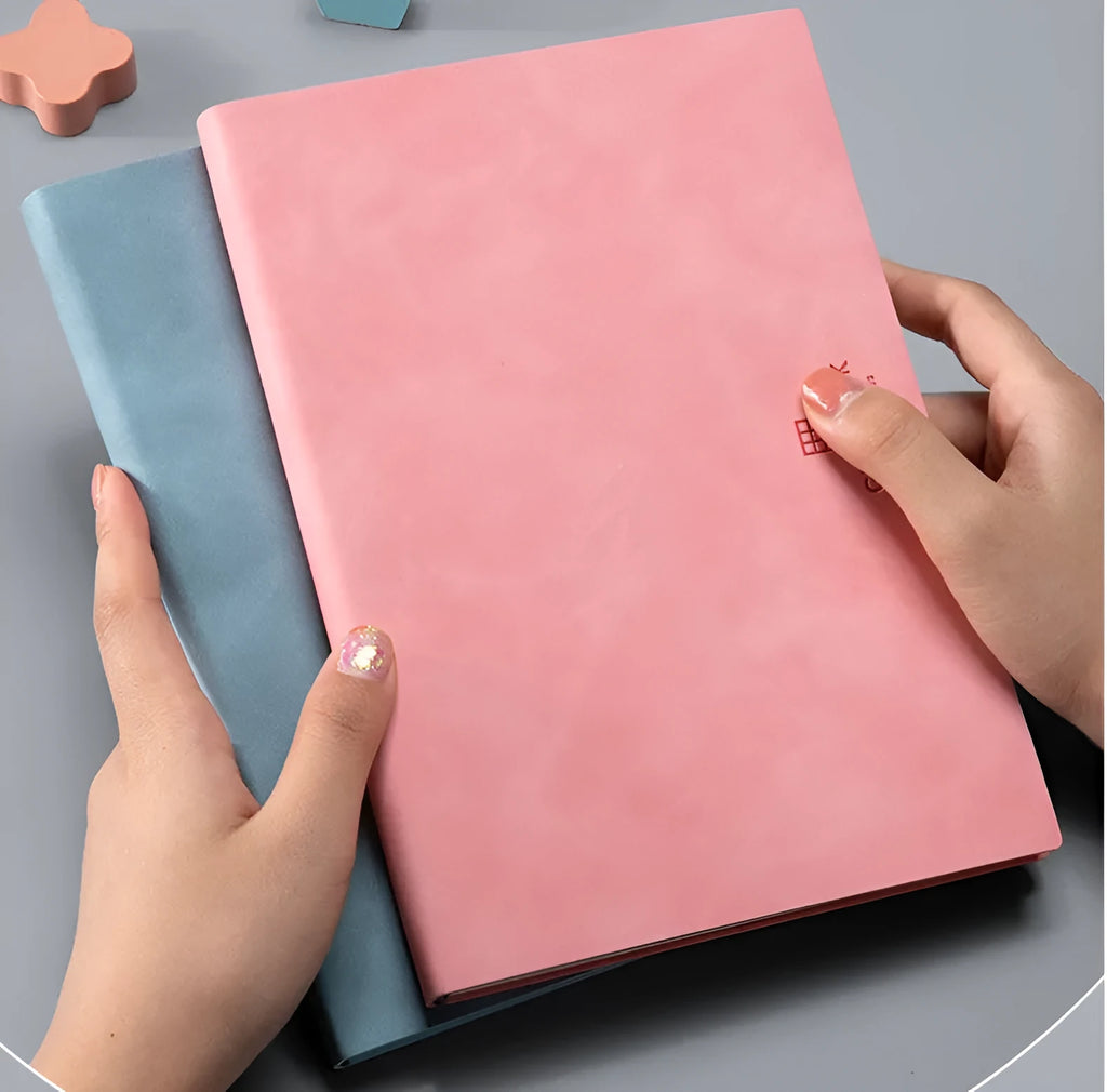 Hand painted square grid notebook with PU cover in lake blue colour, A5 size, locking plastic binding