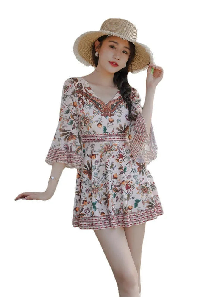 Women's conservative one-piece swimsuit with chest gather and half sleeves, polyester spandex blend, colour 23145-1