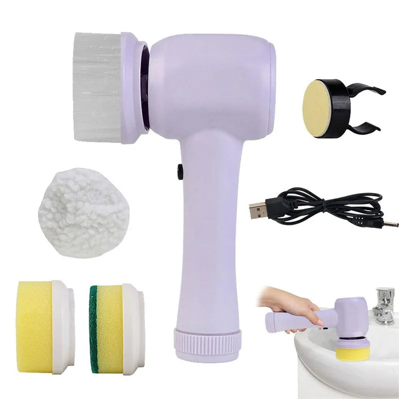 White cordless electric cleaning brush with multiple brush heads on storage bracket