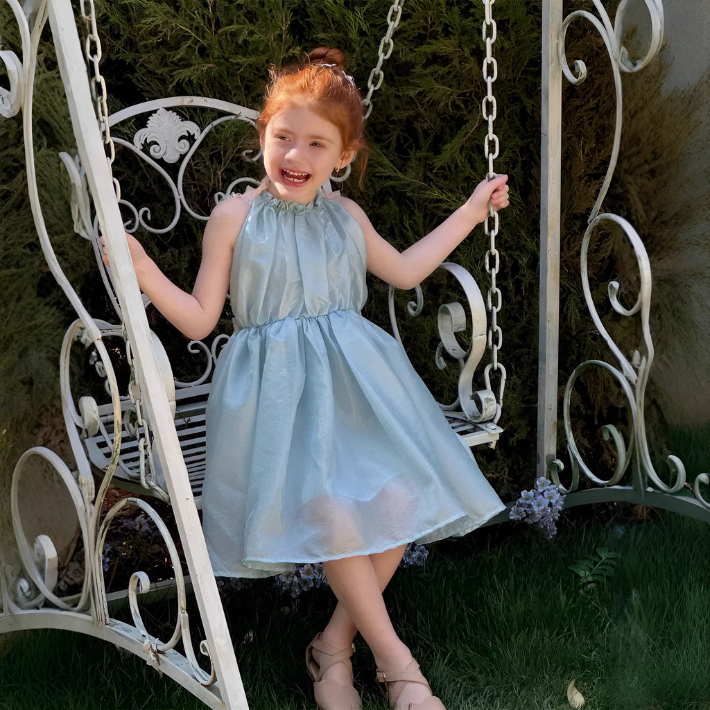 Light blue girls backless sleeveless dress with cotton lining