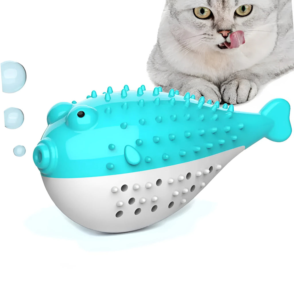 Silicone fish chew toy for cats in blue, green, pink or yellow colours
