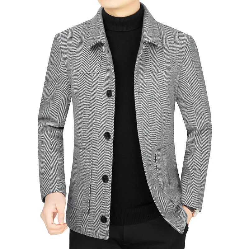 Men's lapel woolen business casual jacket in khaki color, long sleeves, regular length