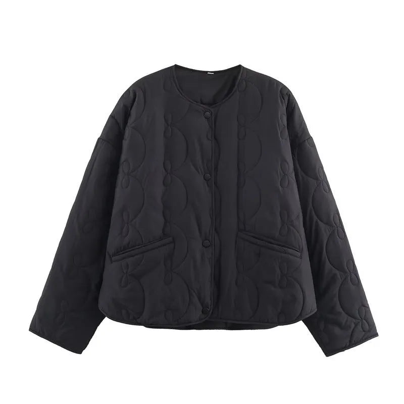 Women's black polyester quilted coat with fixed bow detail, straight fit, 50cm length, size XS-L