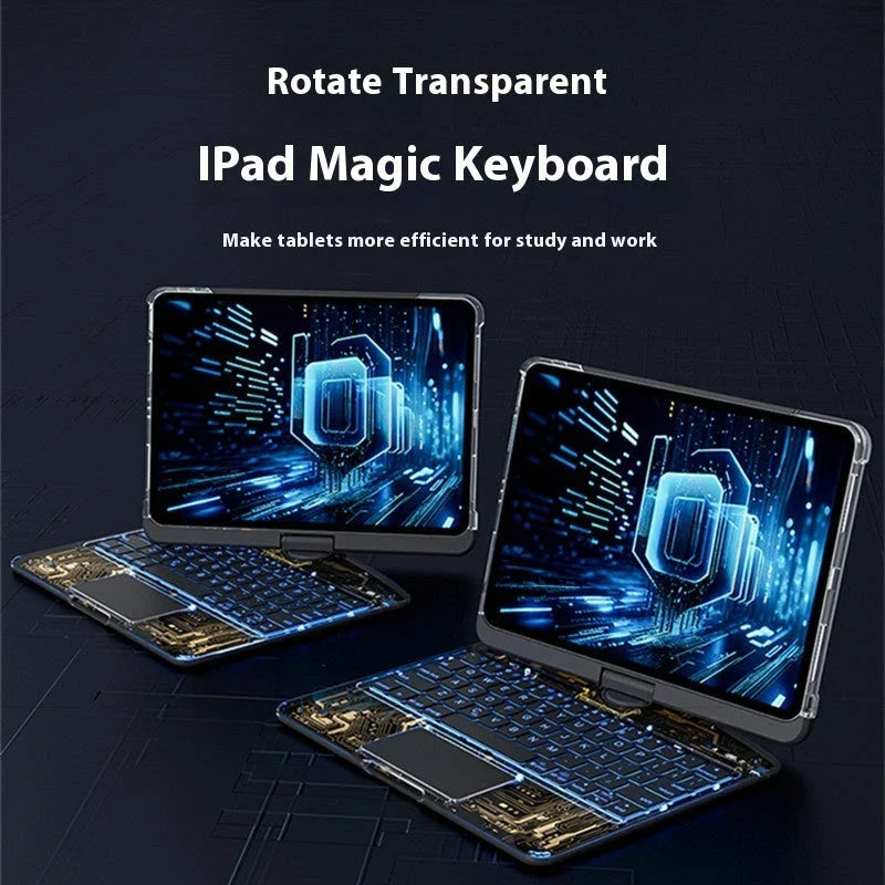 Versatile 360-degree swivel keyboard case with transparent backplate, scissor-style keys, and integrated trackpad for iPad