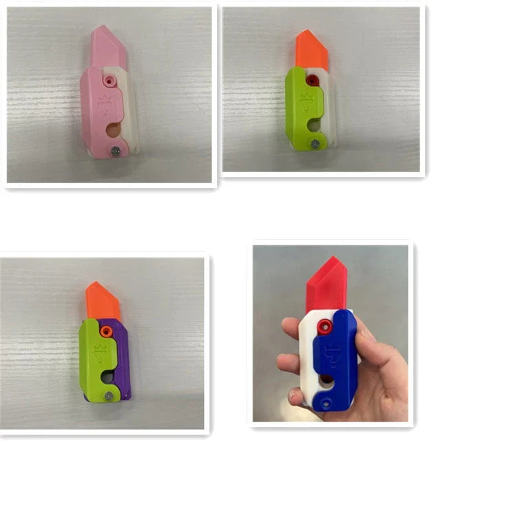 Radish-shaped 3D printed gravity knife, a portable and fun stress relief toy with a hidden blade that springs out with a flick of the wrist