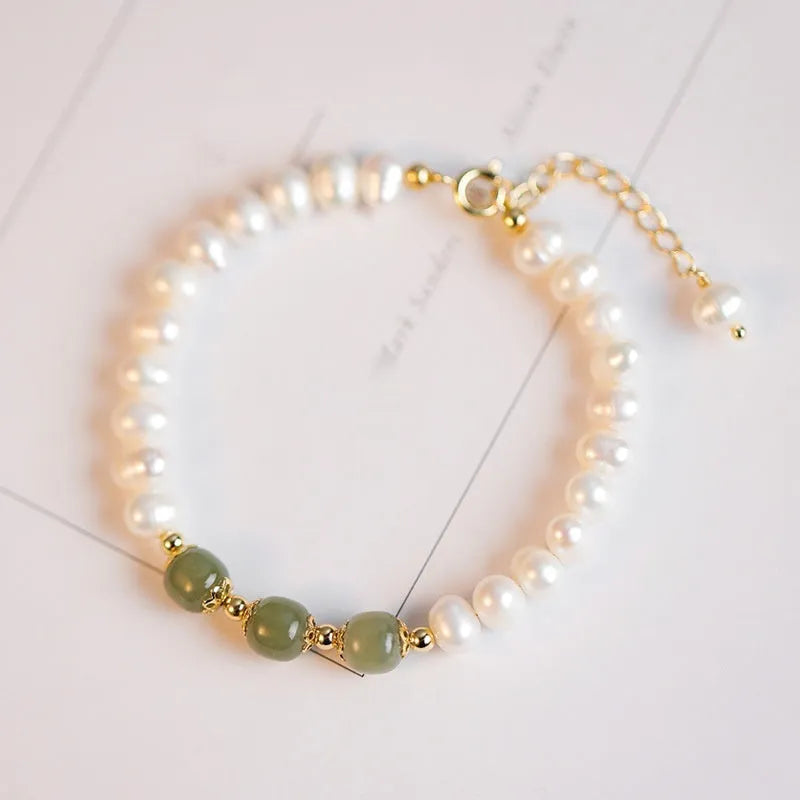 Natural freshwater pearl bracelet in Hetian jade colour with diamond shape and Korean style design.