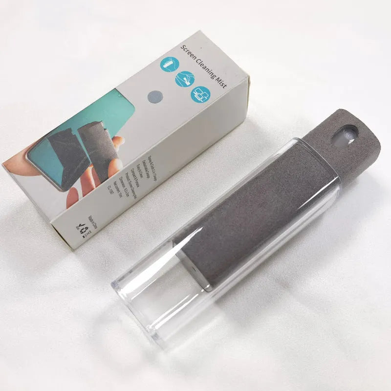 Portable all-in-one screen cleaner kit with built-in microfiber wipe and 10ml fluid bottle in a protective case.