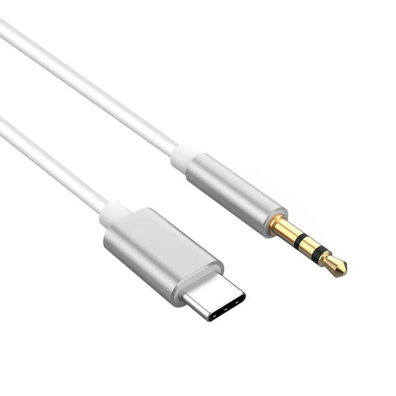 Type-C to 3.5mm audio adapter cable, 95cm, TPE and metal shell, silver gray, with Mini USB fast charging option