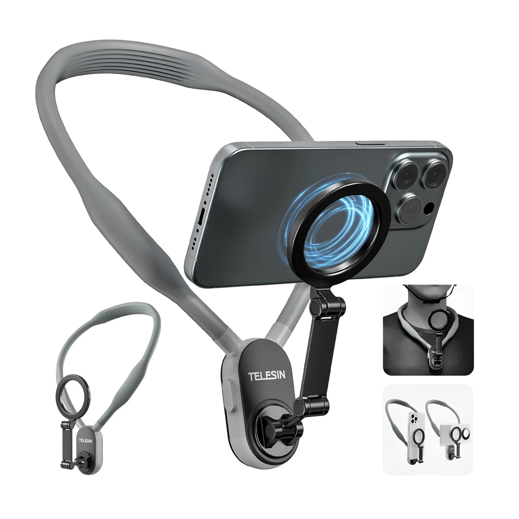 Grey silicone magnetic phone neck mount showing phone attached vertically with anti-release safety rope